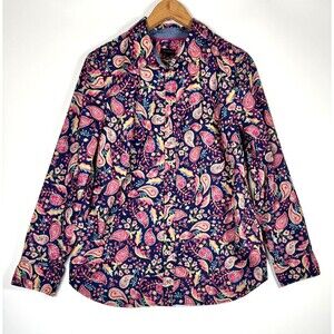 Talbots Top Women Large Navy Pink Paisley Floral Button Front Classic Fit Preppy